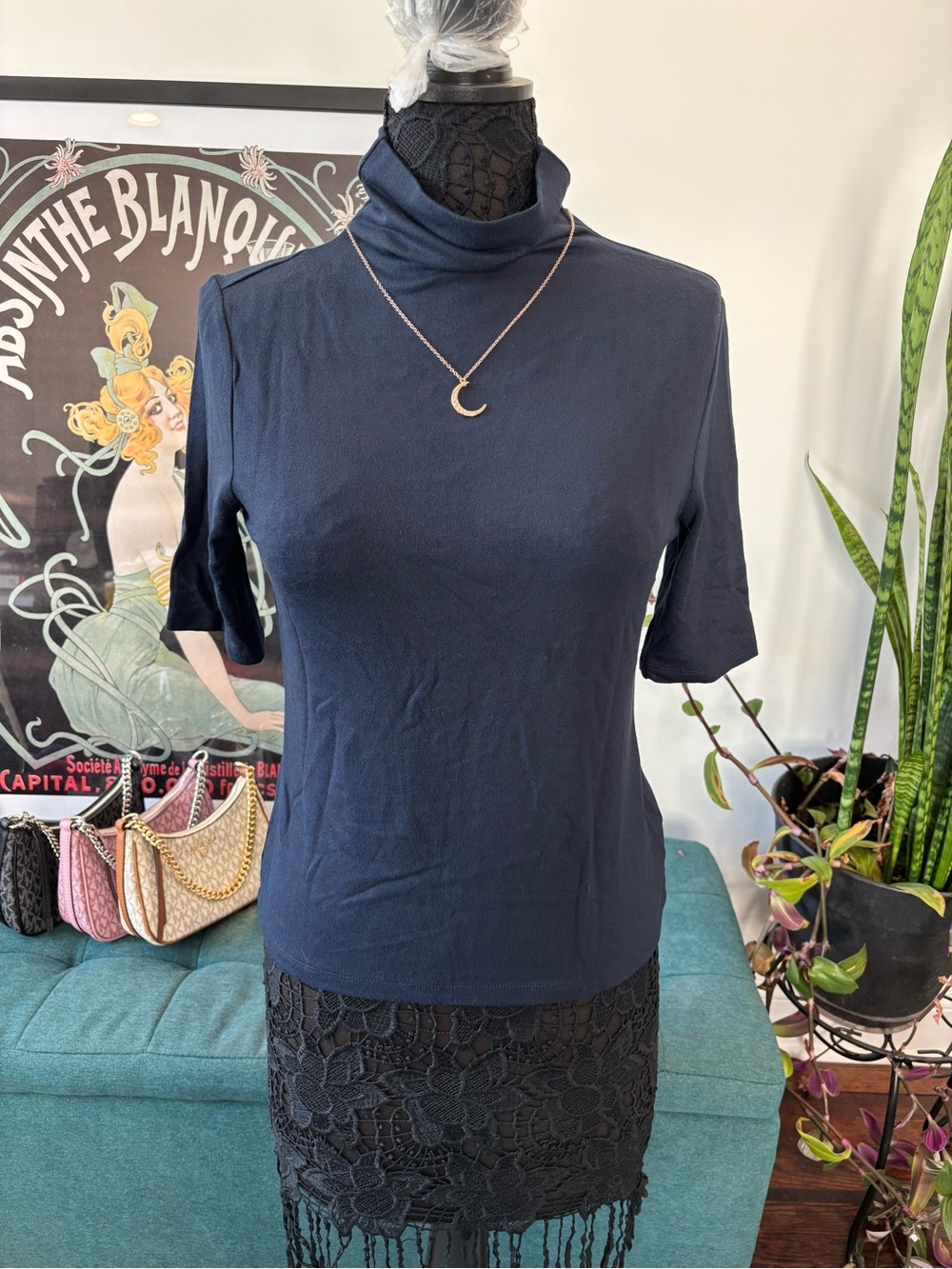 Banana Republic Navy Short-Sleeve Turtleneck Top